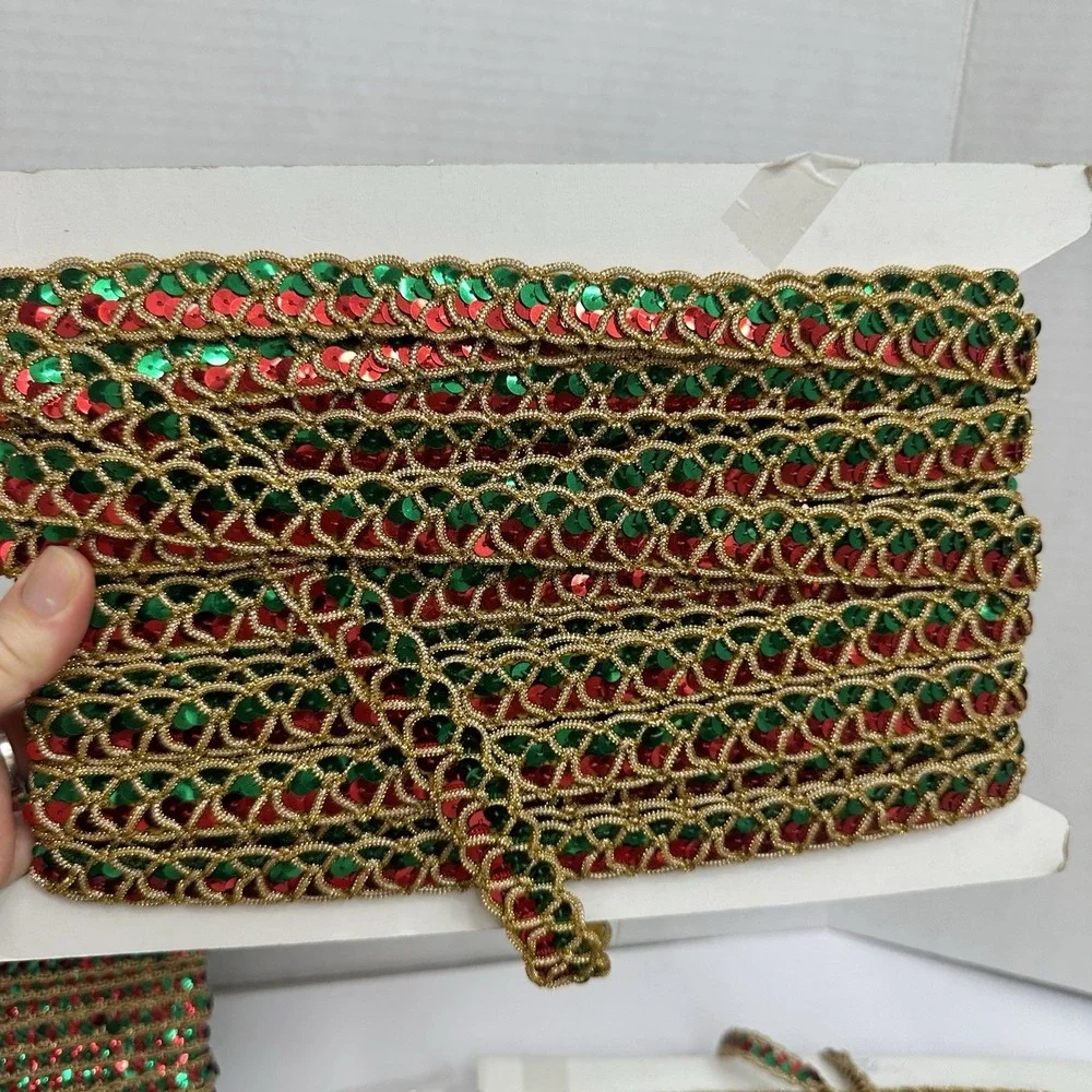100+ Yards Sequin Trim Lot Christmas Gold Red Green Lace Sewing Costume Craft